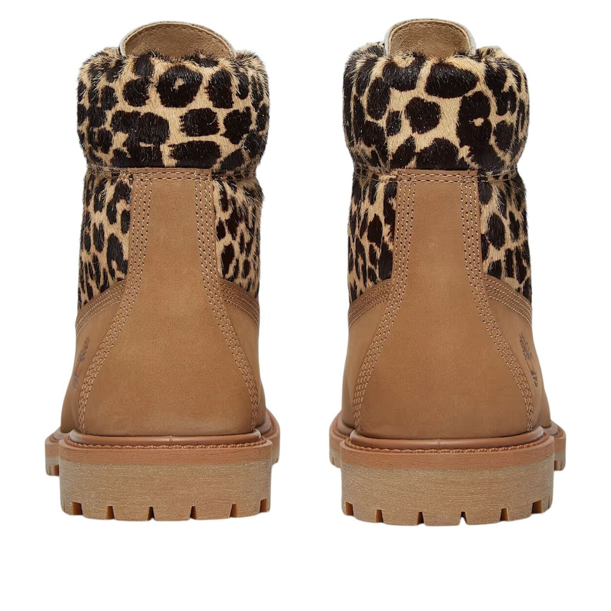 Timberland 6" Premium Boot Leopard Print Beige Nubuck, achteraanzicht met luipaardprint boven en bruine loopzool