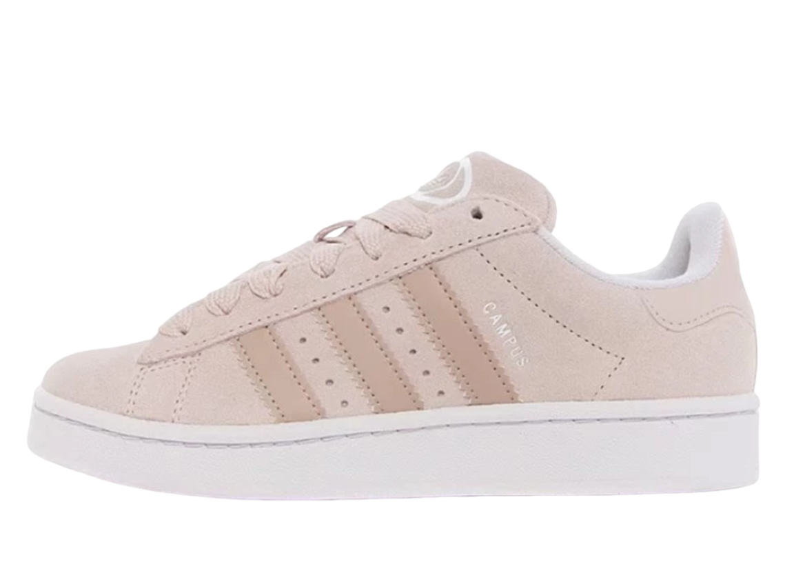 Side view of Adidas Campus 00s Putty Mauve Wonder Taupe (Women's) sneakers featuring soft suede material in muted taupe and mauve tones with classic three-stripe design and clean white sole, the real deal exclusive sneakers in whole Europe.