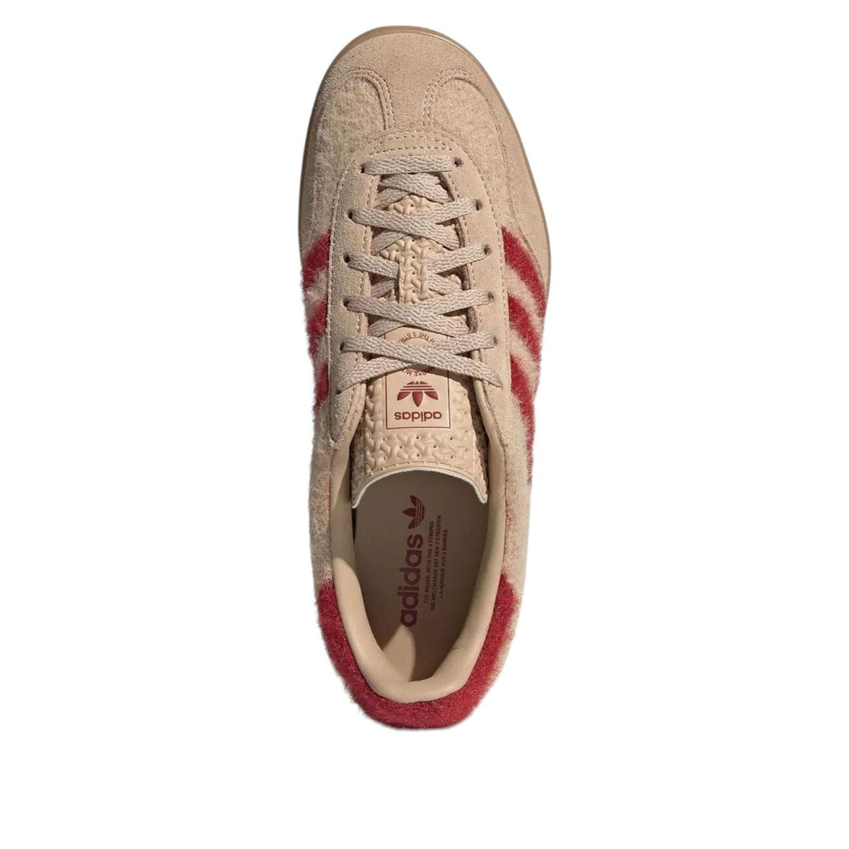 adidas Gazelle Indoor Magic Beige Victory Red, bovenaanzicht toont veters en rood-crème fluffy design