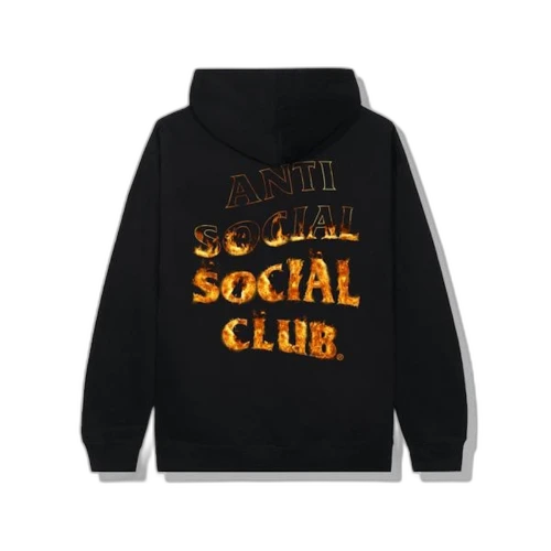 Anti Social Social Club A Fire Inside Flame Hoodie Black, achteraanzicht met geel vuureffect logo en zwart katoen