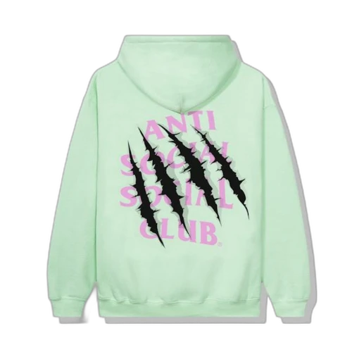 Anti Social Social Club After Us Hoodie Mint, achteraanzicht met groot grafisch logo in roze en zwart