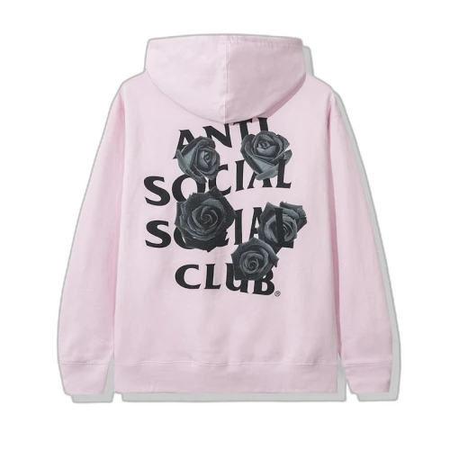 Anti Social Social Club Bat Emoji Hoodie Pink, achteraanzicht met zwarte roosprint en tekstlogo op roze hoodie