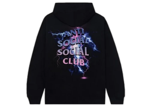Anti Social Social Club Bolt From The Blue Hoodie Black, achteraanzicht met bliksemprint en paarse tekst op zwart katoen