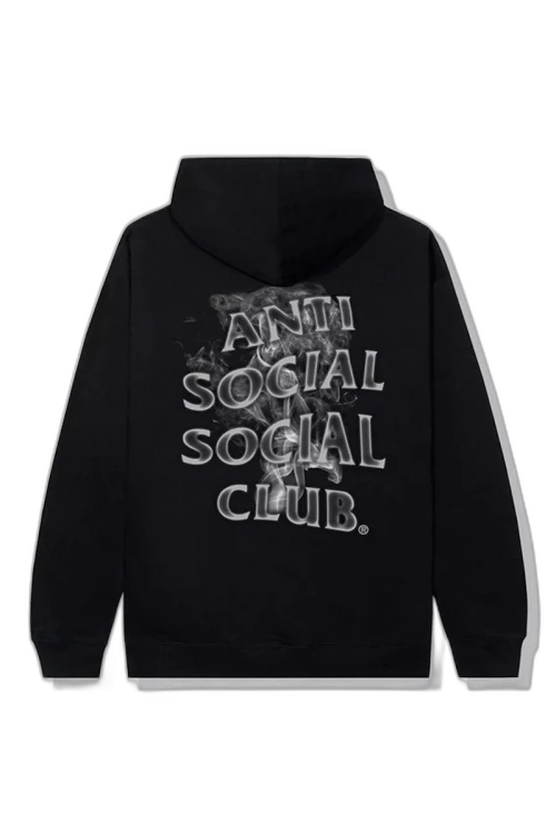 Anti Social Social Club Burnout Hoodie Black, achteraanzicht met grijs gedistressed logo en kap