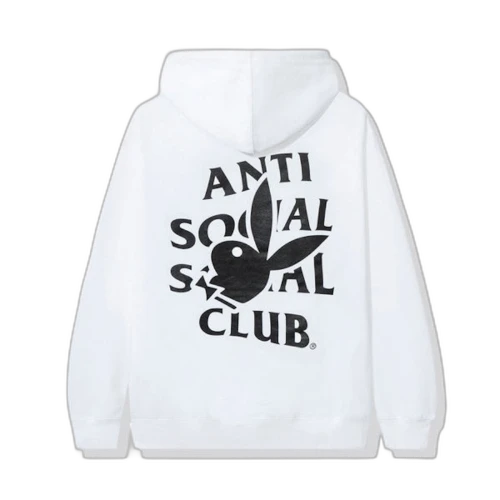 Anti Social Social Club Playboy Bunny Logo Hoodie White, achteraanzicht met groot zwart Playboy-logo en tekst op witte hoodie