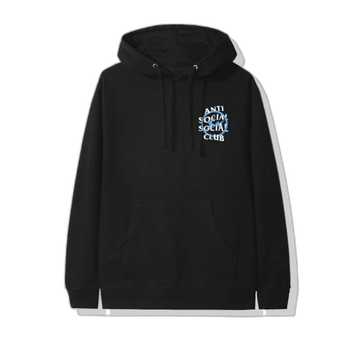 Anti Social Social Club x Fragment Blue Bolt Hoodie (FW19) Black, vooraanzicht met klein logo op borst en kangaroo pocket