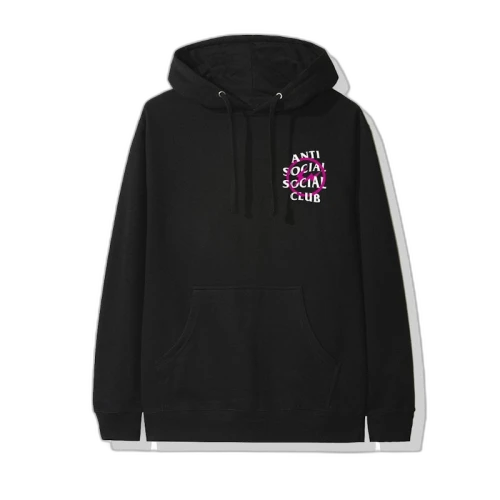 Anti Social Social Club x Fragment Pink Bolt Hoodie (FW19) Black, vooraanzicht met klein roze logo op borst