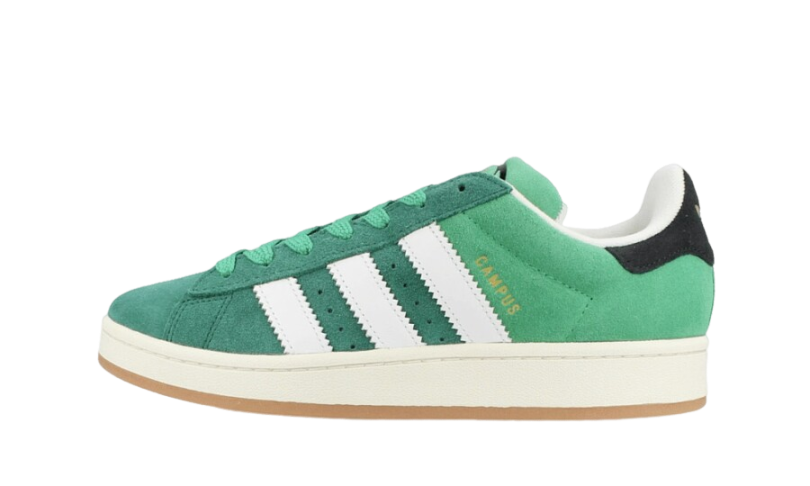 Side view of an Adidas Campus 00s Collegiate Green sneaker featuring a green suede upper with white stripes and a cream sole, showcasing a classic retro trainer style.