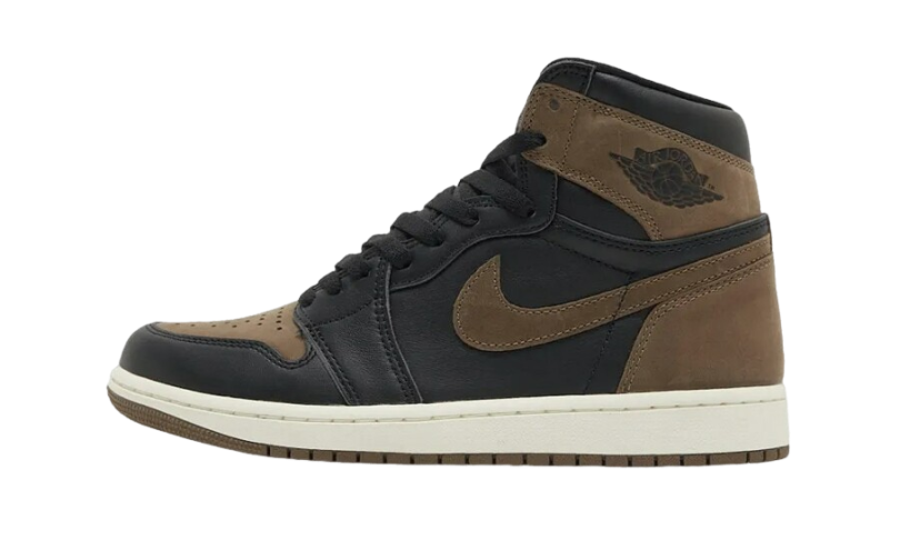 Side view of Nike Air Jordan 1 High Palomino sneaker featuring black and brown leather, premium design, and classic silhouette representing exclusive European sneaker style. The real deal.