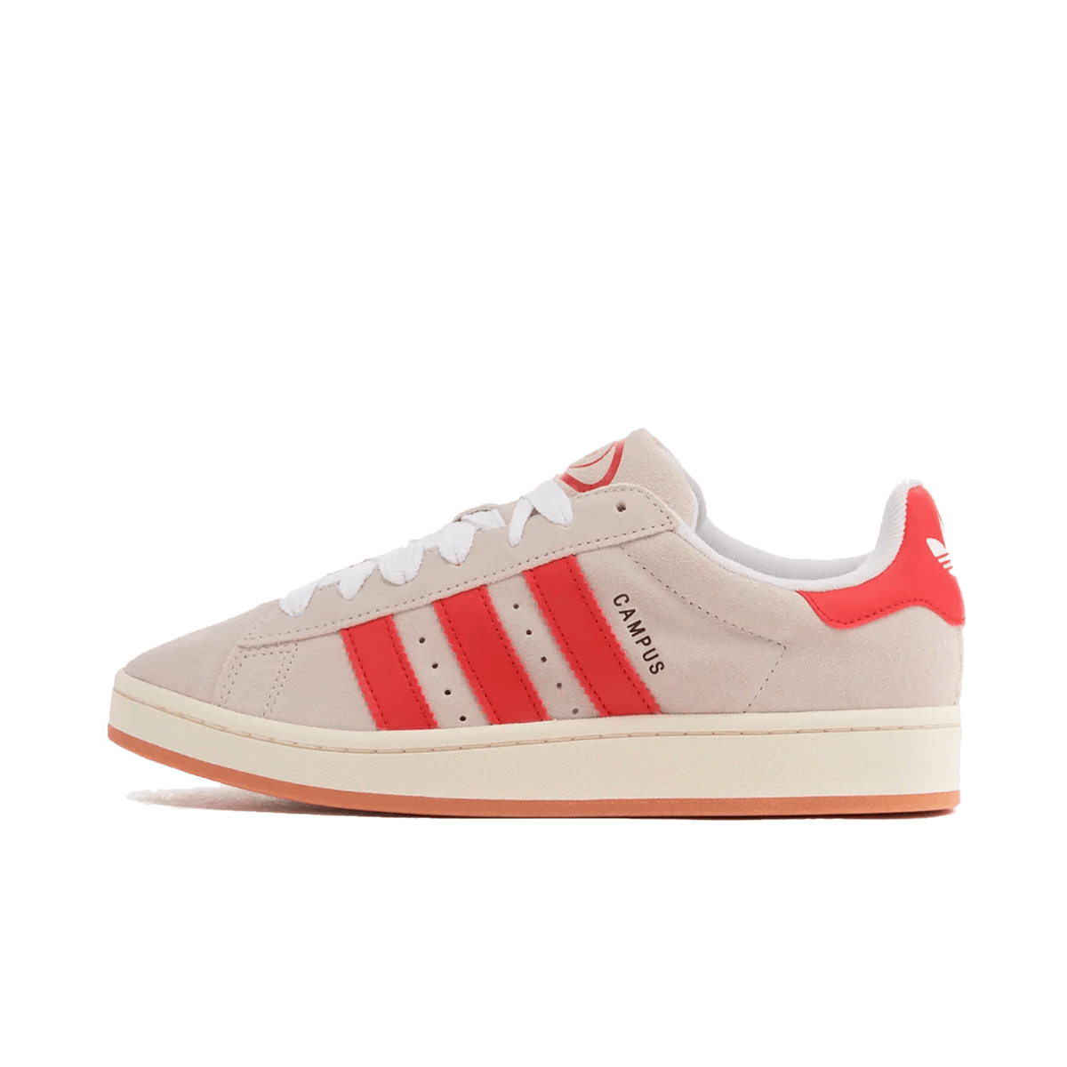 Side view of Adidas Campus 00s Crystal White Better Scarlet sneaker featuring white and scarlet tones with classic three stripes and cushioned sole, the real deal exclusive in Europe.