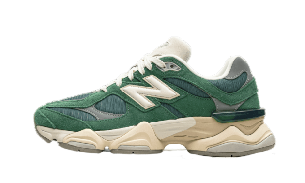 New Balance 9060 Nori sneaker in green and beige tones featuring a chunky sole and a mix of suede and mesh materials, exclusively available in Europe with The real deal quality.