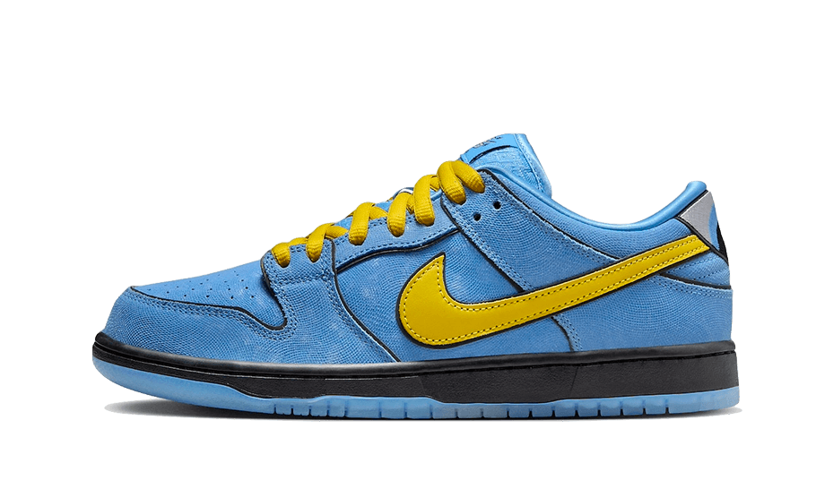 Nike SB Dunk Low The Powerpuff Girls Bubbles sneaker features a blue suede upper with yellow accents and laces, designed for exclusive sneaker collectors in Europe. The real deal.