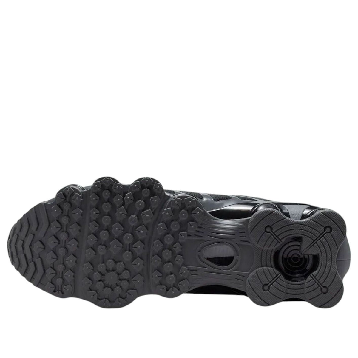 Nike Shox TL Iron Grey Clay Green, zoolprofiel met diepe trechtervormige noppen en Shox-structuur