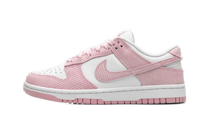 Side view of a Nike Dunk Low Pink Corduroy sneaker featuring soft pink corduroy overlays combined with white leather panels, designed for exclusive sneaker enthusiasts in Europe.