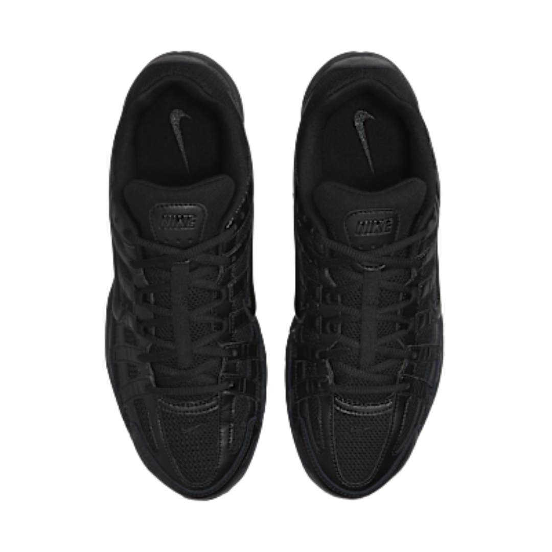 Top view of a pair of Nike P-6000 Premium Triple Black sneakers featuring sleek black mesh and leather design, perfect exclusive trainers available across Europe. The real deal.