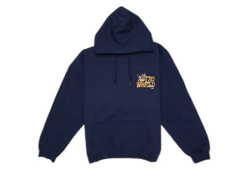 Travis Scott Astroworld Houston Exclusive Hoodie Blue, vooraanzicht met klein geel logo op borst