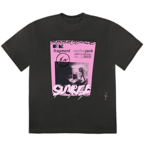 Travis Scott Cactus Jack For Fragment Pink Sunrise T-shirt Washed Black, vooraanzicht met roze grafisch print op zwart katoen