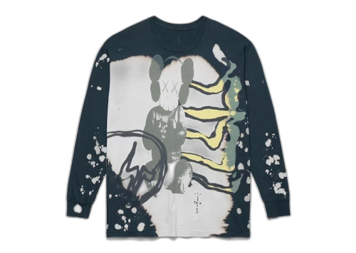 Travis Scott Cactus Jack + Kaws For Fragment L/S Tee Multi Grey, vooraanzicht met skeletafdruk en verfvlekken