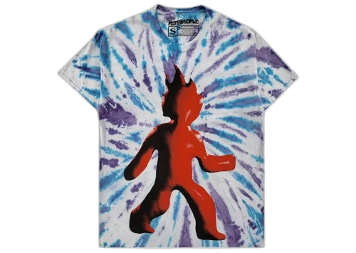Travis Scott Flame T-shirt Tie Dye, vooraanzicht met rood-zwarte silhouet op blauw-paars tie-dye patroon