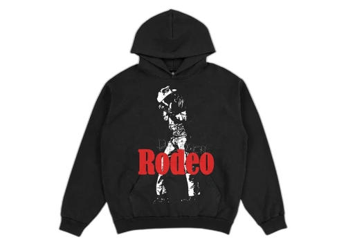 Travis Scott Rodeo Hoodie Black, vooraanzicht met witte illustratie en rode Rodeo-tekst op zwart katoen