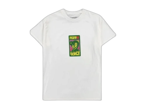 Travis Scott Scare Bear Tee White T-Shirt, vooraanzicht wit katoen met groen en geel grafisch print op borst