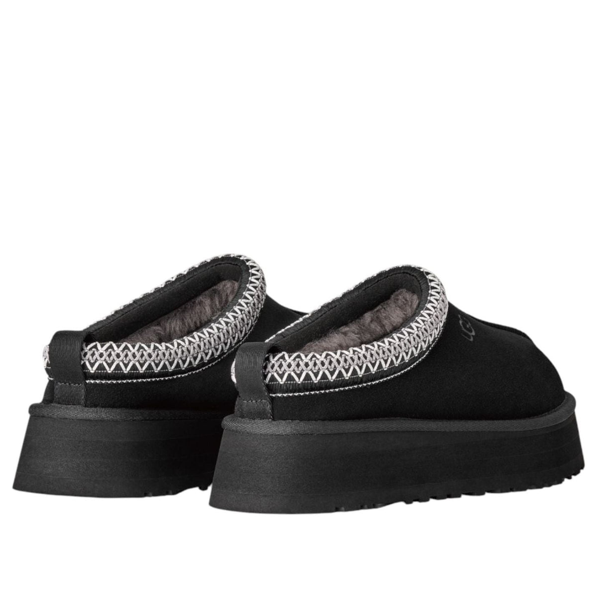 UGG Tazz II Slipper Black bovenaanzicht paar, grijze fleece voering en witte zigzag rand langs beide modellen