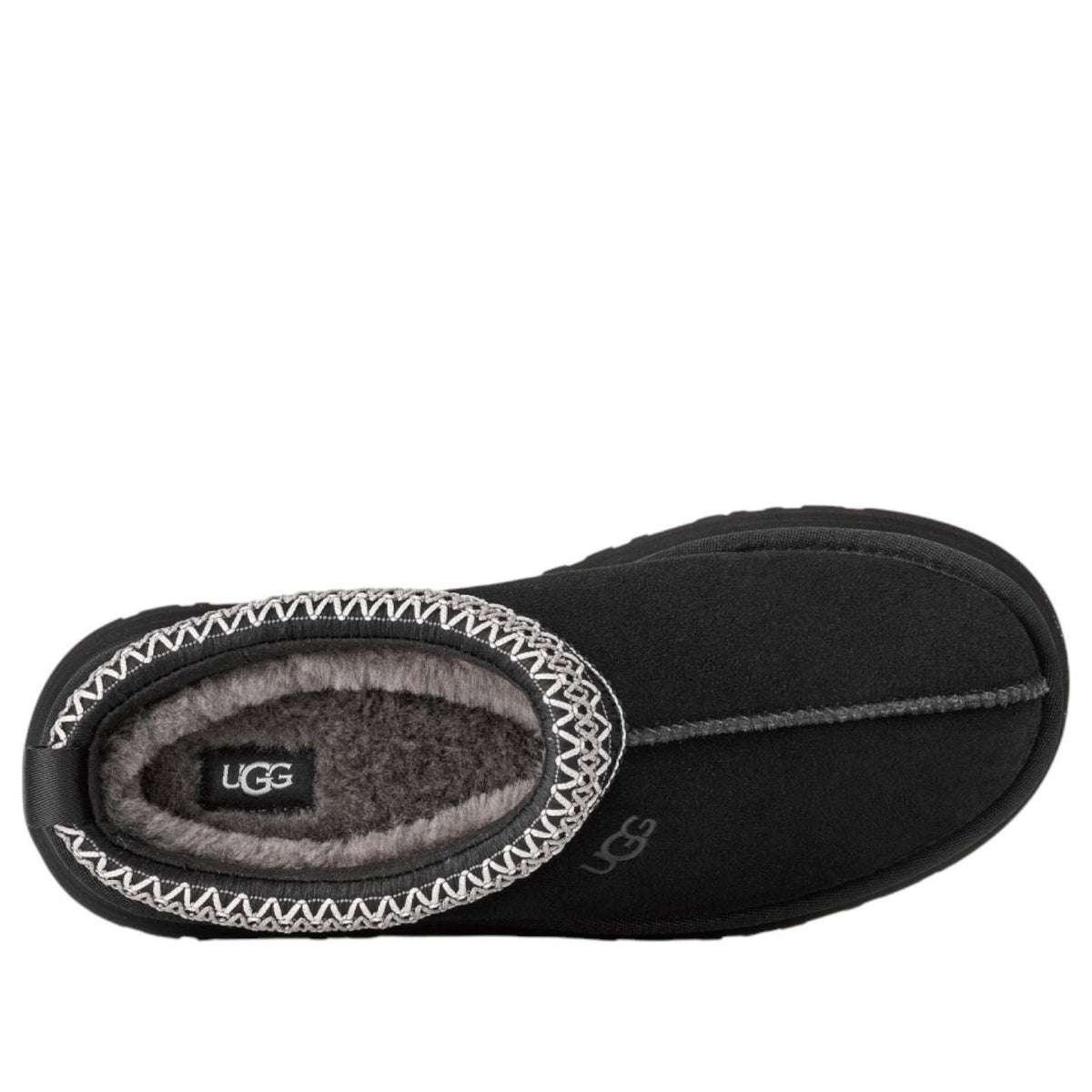 UGG Tazz II Slipper Black bovenaanzicht van binnenvoet met UGG-label en grijze fleece voering zichtbaar