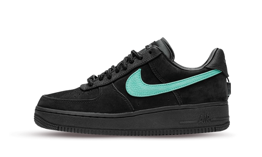 Side view of Nike Air Force 1 Low SP Tiffany And Co. sneaker in black with turquoise swoosh, showcasing sleek design and exclusive style for sneaker enthusiasts across Europe.