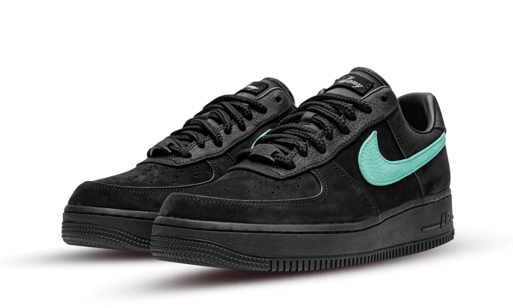 Nike Air Force 1 Low SP Tiffany And Co. sneakers in black with turquoise swoosh detail, showcasing exclusive design perfect for sneaker collectors across Europe. The real deal.