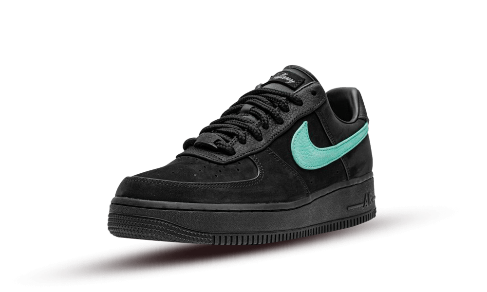Side view of a black Nike Air Force 1 Low SP Tiffany And Co. sneaker featuring a signature Tiffany blue swoosh, showcasing exclusive sneaker design for the real deal in Europe.
