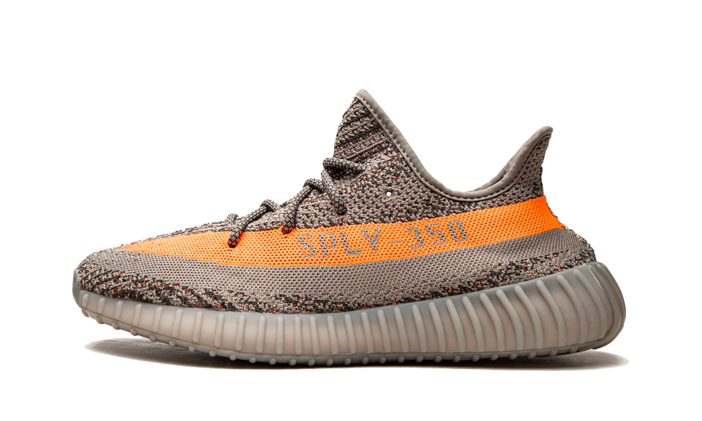 Side view of Adidas Yeezy Boost 350 V2 Beluga Reflective sneaker featuring grey and orange knit upper and ribbed midsole, showcasing exclusive European sneaker style – The real deal.