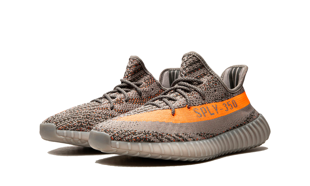 Pair of Adidas Yeezy Boost 350 V2 Beluga Reflective sneakers in grey and orange with textured knit upper and ribbed sole, representing exclusive European sneaker style.