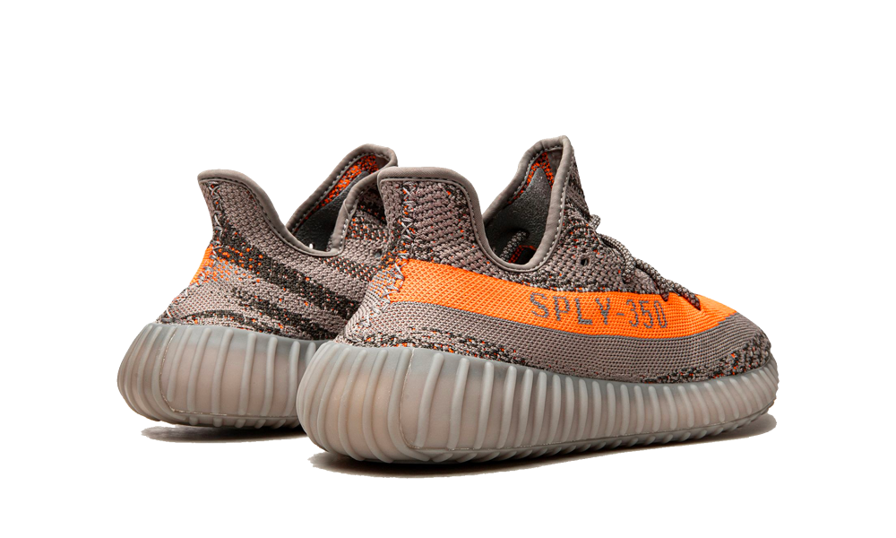 Pair of Adidas Yeezy Boost 350 V2 Beluga Reflective sneakers shown from the rear, featuring gray and orange knit uppers with ribbed midsole, showcasing exclusive European style. The real deal.