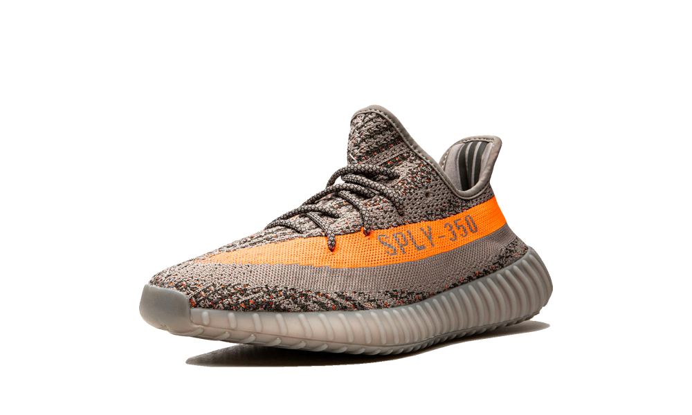 Side view of Adidas Yeezy Boost 350 V2 Beluga Reflective sneaker featuring grey and orange tones with a ribbed sole, showcasing exclusive European sneaker style. The real deal.