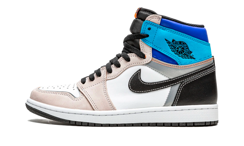 Nike Air Jordan 1 High OG Prototype sneaker featuring a white, black, beige, and blue colorway with signature high-top design, exclusive in Europe, the real deal.