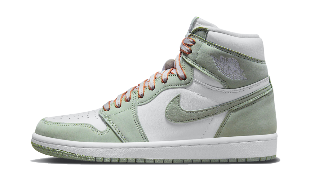 Nike Air Jordan 1 High OG Seafoam sneaker in white and light seafoam green with orange laces, showcasing high-top design and premium leather material, exclusive in Europe.