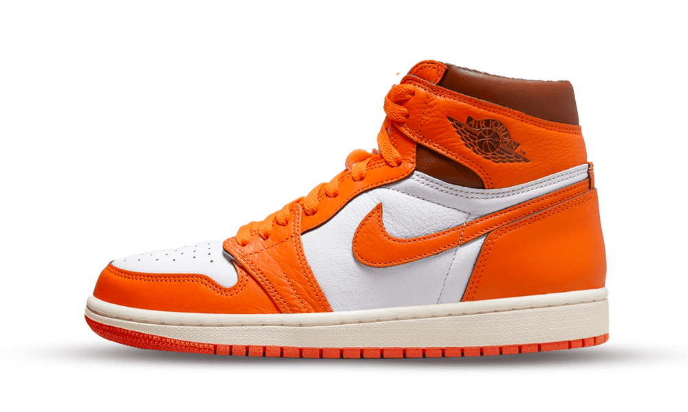 Nike Air Jordan 1 High Retro Starfish sneaker in vibrant orange and white leather, showcasing classic high-top design and premium details, exclusive sneaker available in Europe.