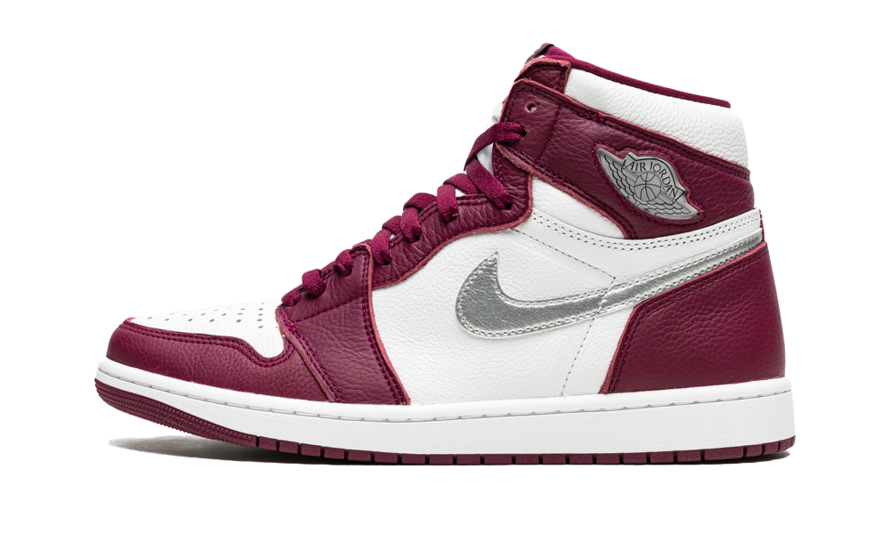 Nike Air Jordan 1 High OG Bordeaux sneaker featuring rich Bordeaux leather accents with white panels and silver details, designed as an exclusive, high-quality sneaker in Europe.