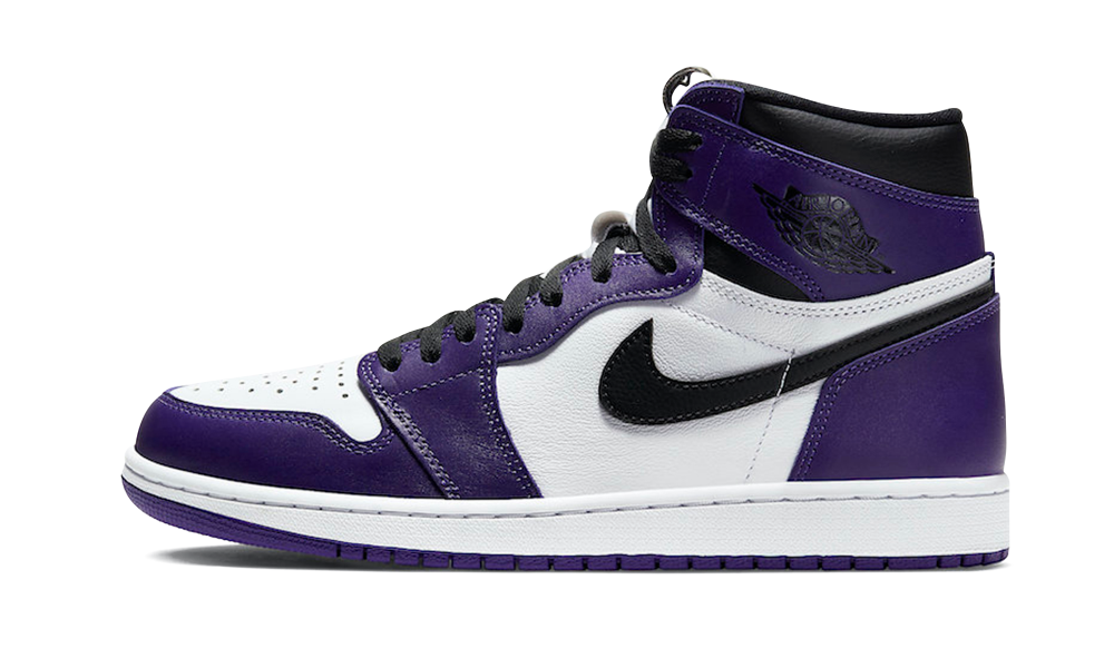 Nike Air Jordan 1 High Court Purple sneaker featuring a high-top design with purple, white, and black leather panels, exclusive European release, the real deal.