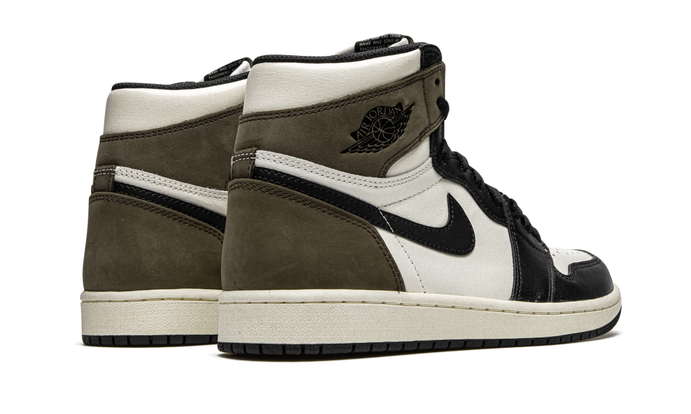 Pair of Nike Air Jordan 1 High Dark Mocha sneakers showcasing black, white, and dark brown suede and leather panels, with signature Nike swoosh and Wings logo, exclusive in Europe.