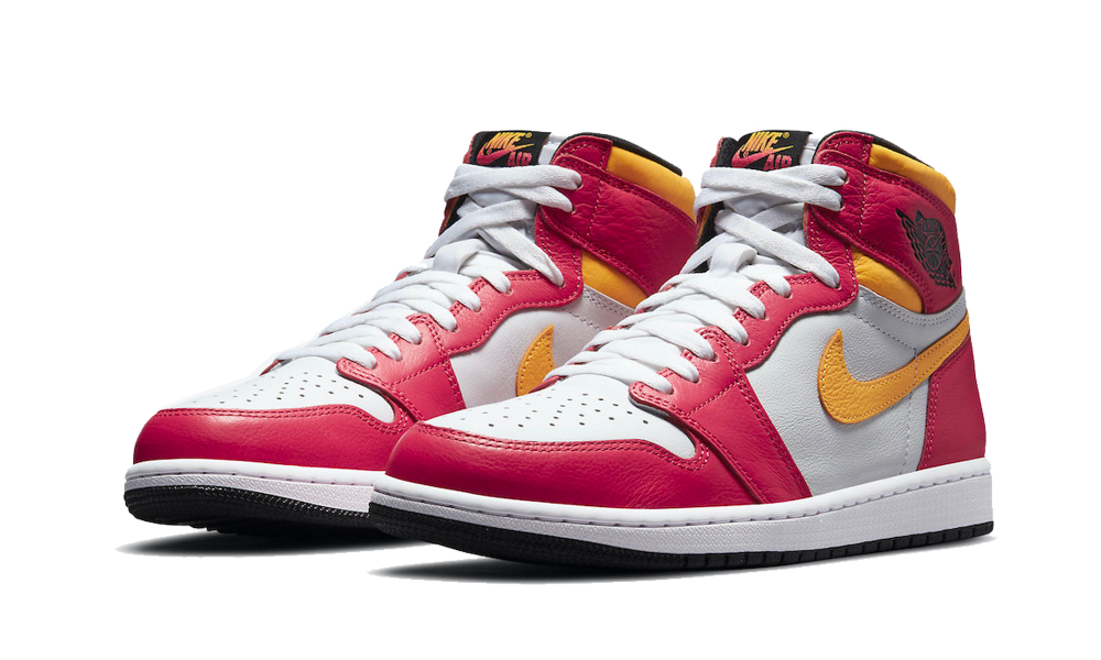 Pair of Nike Air Jordan 1 Retro High Light Fusion Red sneakers featuring red, white, and yellow leather with black accents, presented as exclusive trainers in Europe. The real deal.