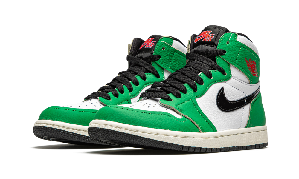 Pair of Nike Air Jordan 1 High Lucky Green sneakers featuring green, white, and black leather with red accents, perfect exclusive trainers available across Europe - The real deal.