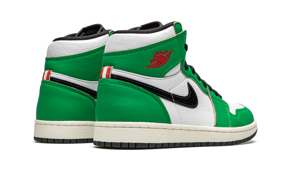 Nike Air Jordan 1 High Lucky Green sneakers featuring a green, white, and black design with premium leather, exclusive in Europe for sneaker enthusiasts – the real deal.