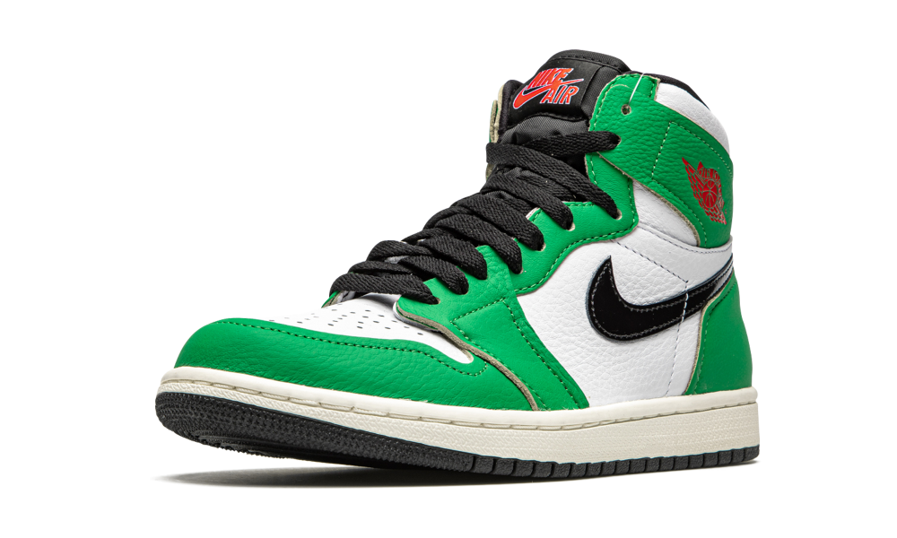 Nike Air Jordan 1 High Lucky Green sneaker in white and green leather with black laces and accents, showcasing iconic high-top design for exclusive sneaker collectors in Europe.