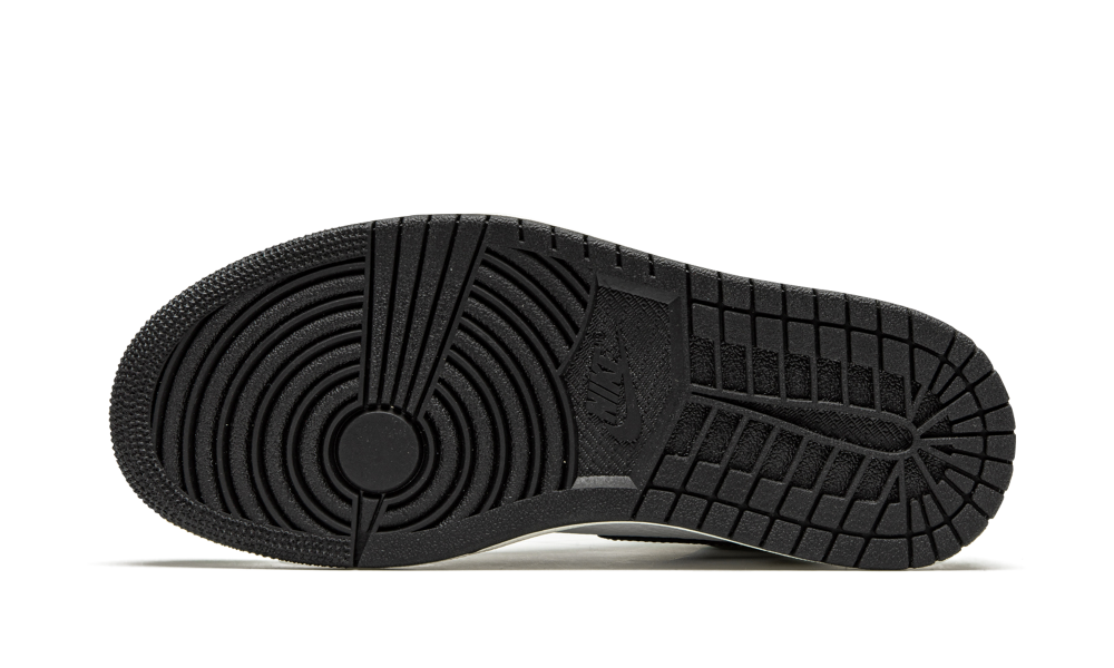 Sole view of the Nike Air Jordan 1 High Lucky Green sneaker showcasing its durable black traction pattern designed for optimal grip and performance.