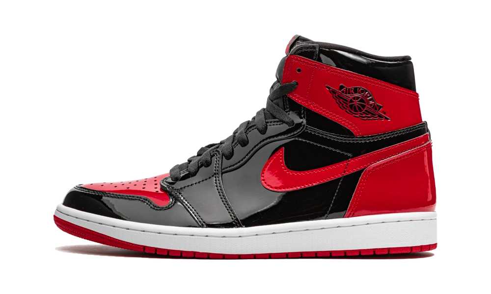 Nike Air Jordan 1 High OG Bred Patent sneaker in black and red patent leather with white midsole, showcasing iconic design for exclusive sneaker lovers across Europe. The real deal.