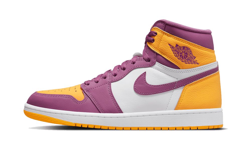 Nike Air Jordan 1 High OG Brotherhood sneaker featuring a purple, white, and yellow leather upper, showcasing exclusive European style and quality — the real deal.