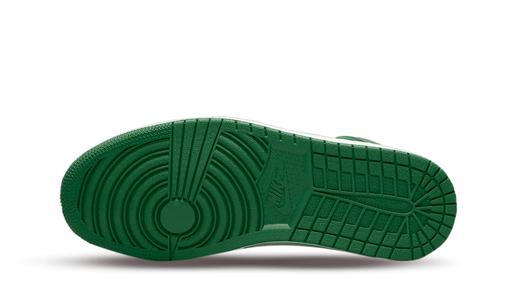 Sole view of Nike Air Jordan 1 High OG Gorge Green sneaker highlighting the green rubber outsole designed for traction and durability, representing exclusive sneakers in whole Europe.