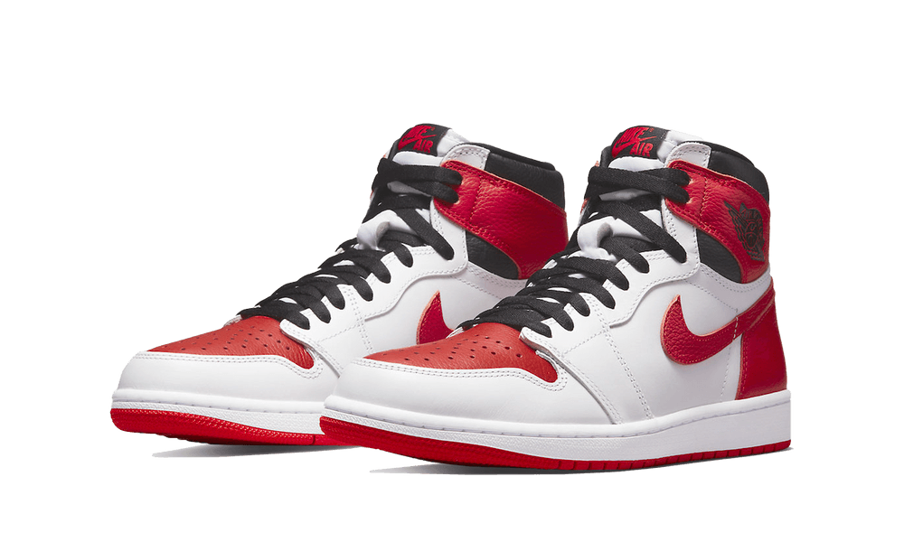 Pair of Nike Air Jordan 1 High OG Heritage sneakers in red, white, and black, showcasing classic high-top design with premium leather and iconic branding, the real deal.
