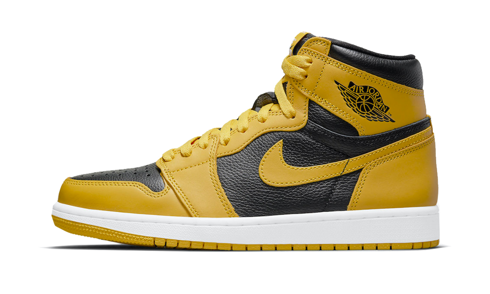 Nike Air Jordan 1 Retro High Pollen sneaker in black and yellow leather with white midsole, showcasing exclusive European style. The real deal trainers.
